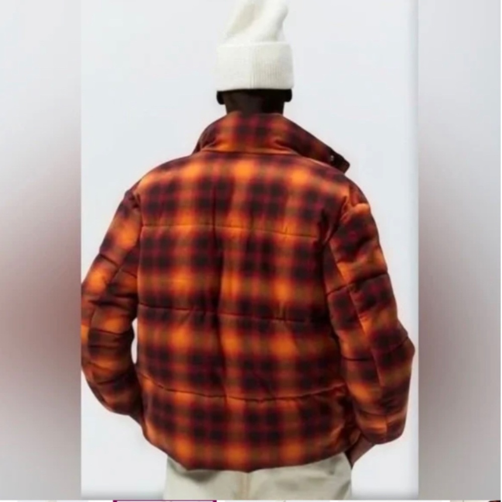 Zara Jacket Mens Plaid Puffer Flannel Orange Black, Red, Street Wear Y2K M - Picture 6 of 13